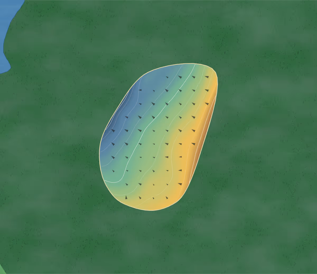 Green contour map of Twin Streams in Delaware, Canada: 128 elevation contours at a 8-centimeter interval with fall-line arrows, traced from 1-meter lidar