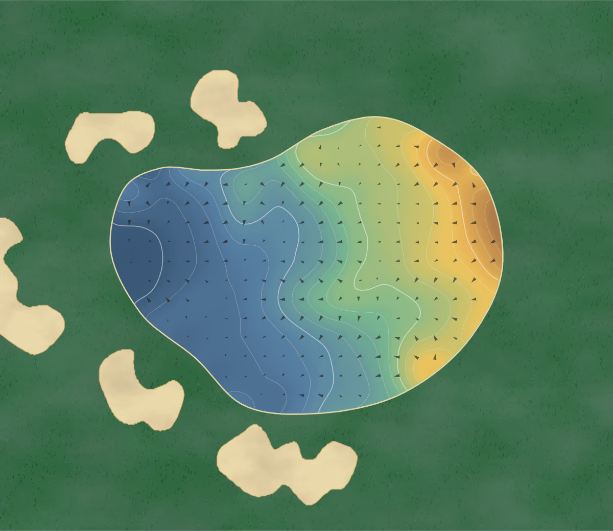 Green contour map of Tylney Park in Hampshire, England: 27 elevation contours at a 8-centimeter interval with fall-line arrows, traced from 1-meter lidar