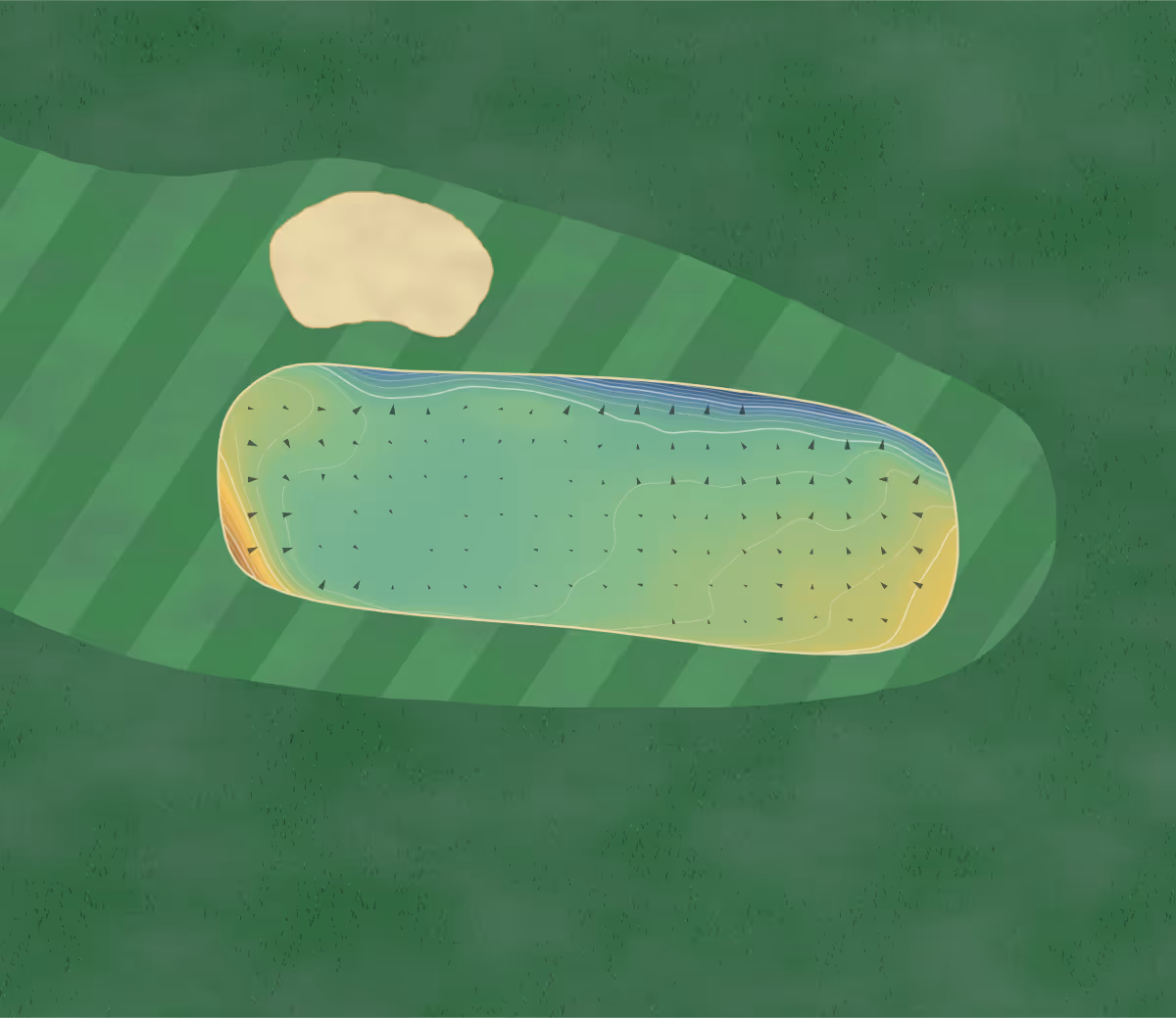 Green contour map of Tyneside in Ryton, England: 218 elevation contours at a 8-centimeter interval with fall-line arrows, traced from 1-meter lidar