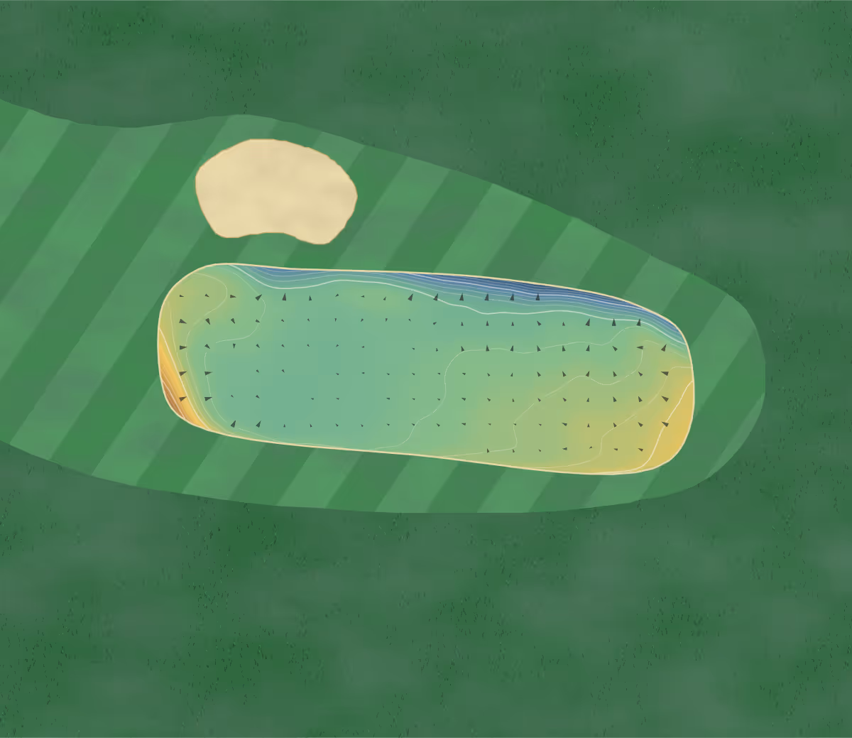 Green contour map of Tyneside in Ryton, England — 218 elevation contours at a 8-centimeter interval with fall-line arrows, traced from 1-meter lidar