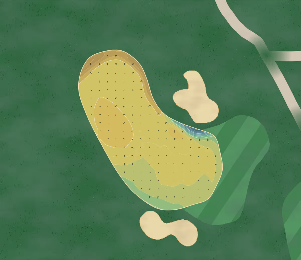 Green contour map of Tytherington GC in Macclesfield, England — 210 elevation contours at a 8-centimeter interval with fall-line arrows, traced from 1-meter lidar