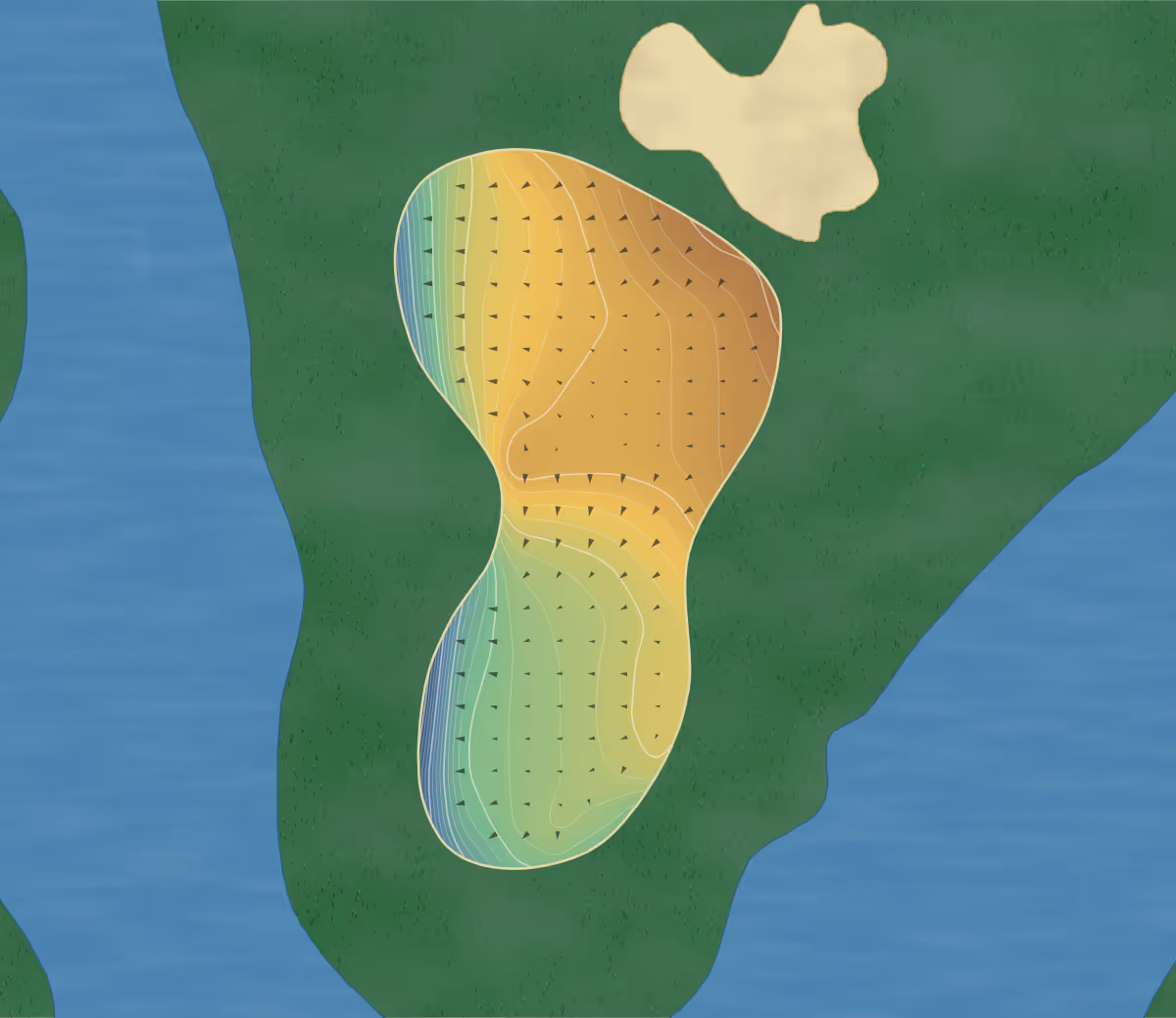 Green contour map of Ube 72 CC in Ube, Japan: 252 elevation contours at a 8-centimeter interval with fall-line arrows, traced from 1-meter lidar