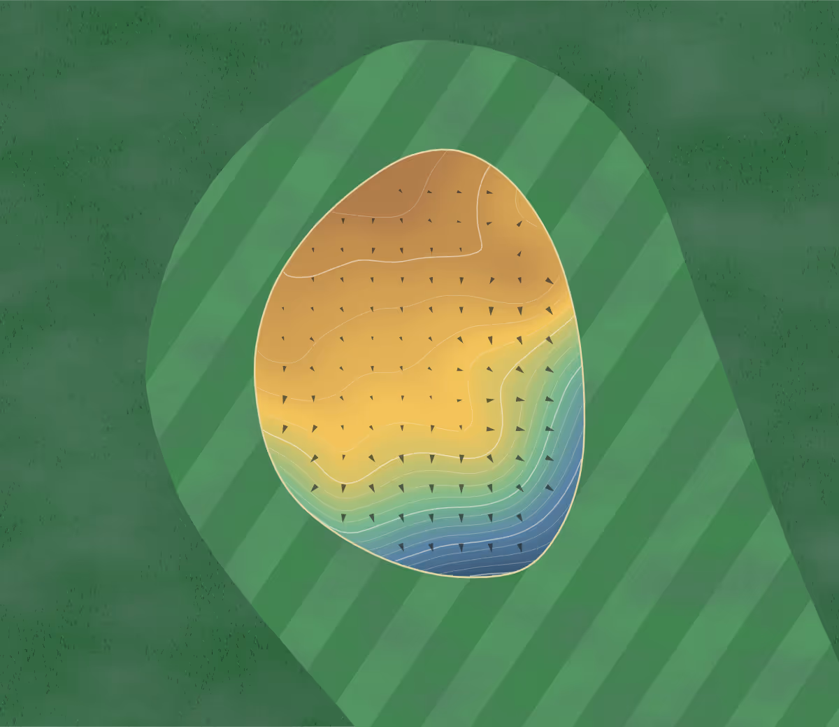 Green contour map of Ufo in Mascouche, Canada — 31 elevation contours at a 8-centimeter interval with fall-line arrows, traced from 1-meter lidar