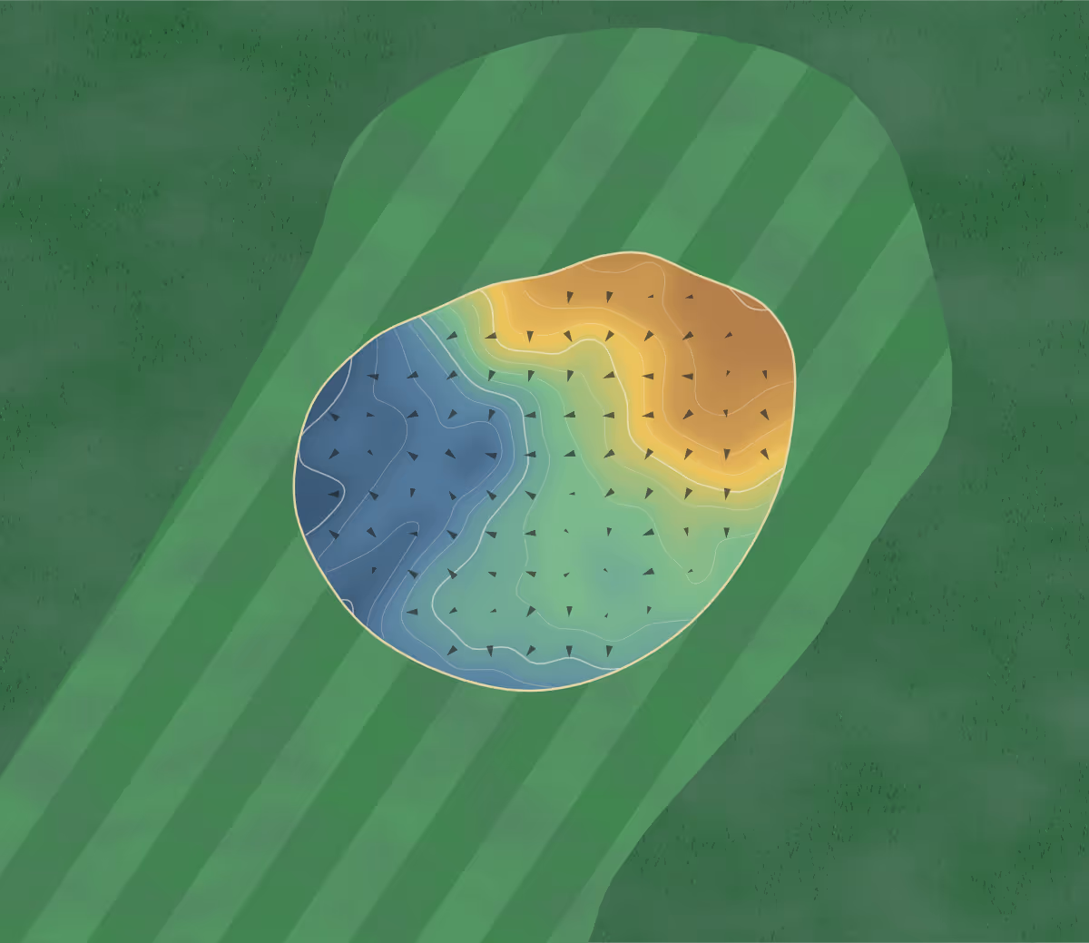 Green contour map of Ullapool in Ullapool, Scotland: 32 elevation contours at a 8-centimeter interval with fall-line arrows, traced from 1-meter lidar