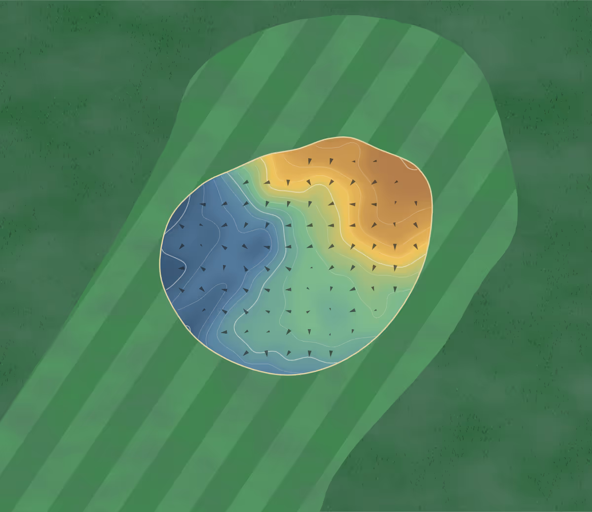 Green contour map of Ullapool in Ullapool, Scotland — 31 elevation contours at a 8-centimeter interval with fall-line arrows, traced from 1-meter lidar