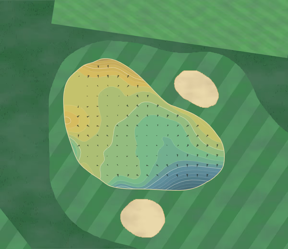 Green contour map of Ulverston GC in Ulverston, England — 239 elevation contours at a 8-centimeter interval with fall-line arrows, traced from 1-meter lidar