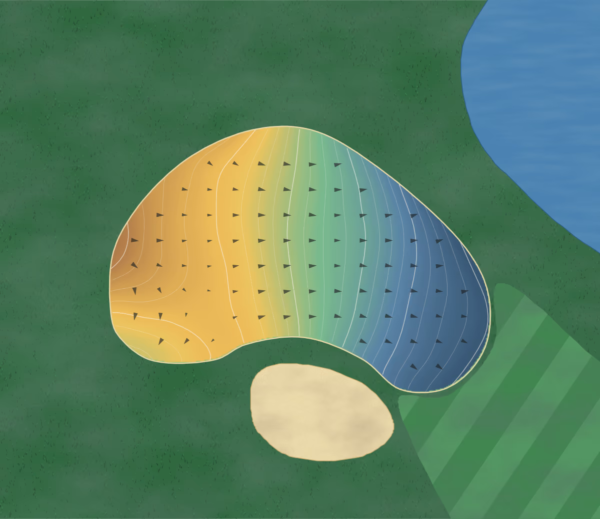 Green contour map of Union Hills in Sun City, Arizona: 208 elevation contours at a 3-inch interval with fall-line arrows, traced from 1-meter lidar