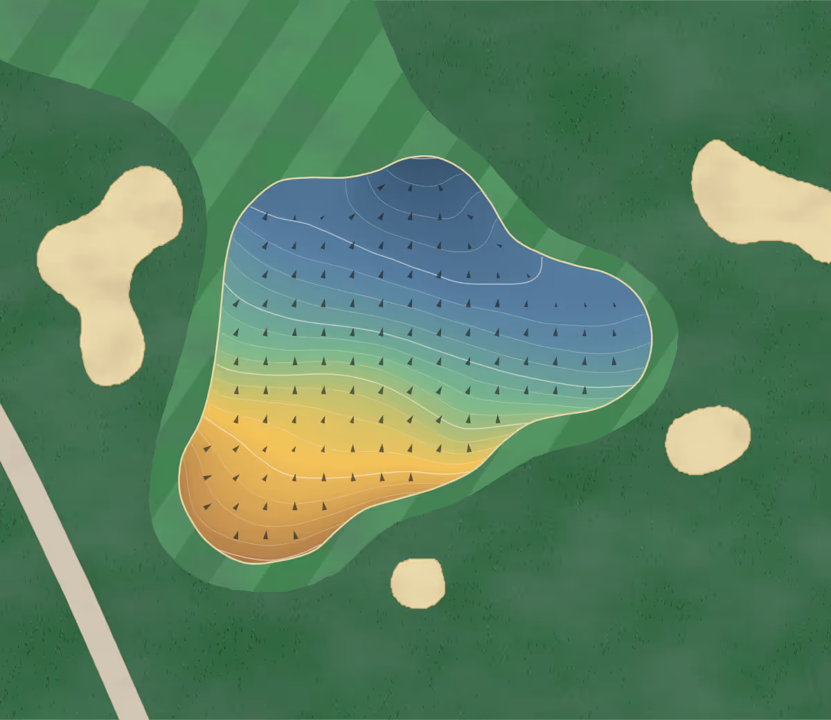 Green contour map of University in Vancouver, Canada — 191 elevation contours at a 8-centimeter interval with fall-line arrows, traced from 1-meter lidar