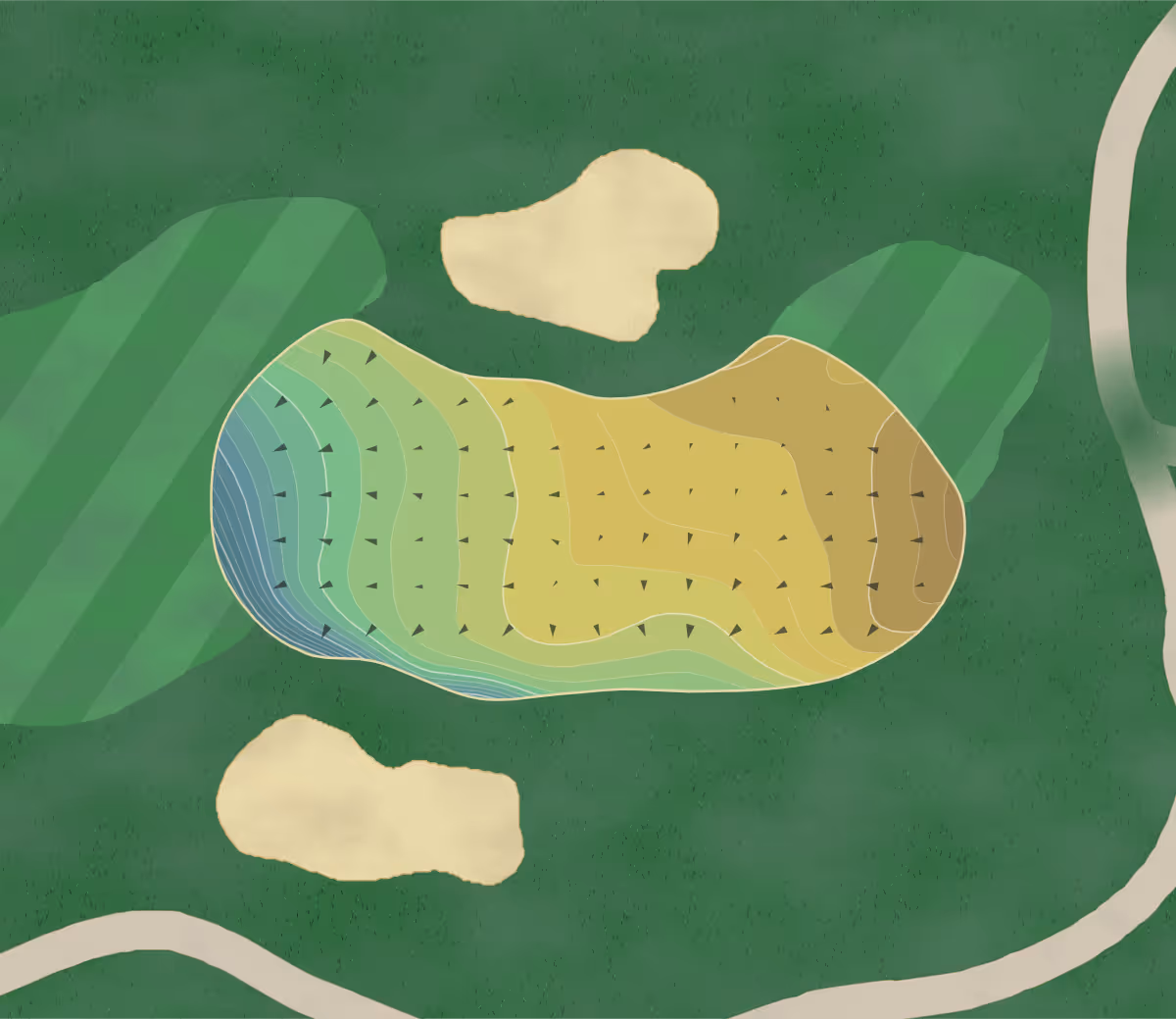 Green contour map of University Maryland in College Park, Maryland — 291 elevation contours at a 3-inch interval with fall-line arrows, traced from 1-meter lidar