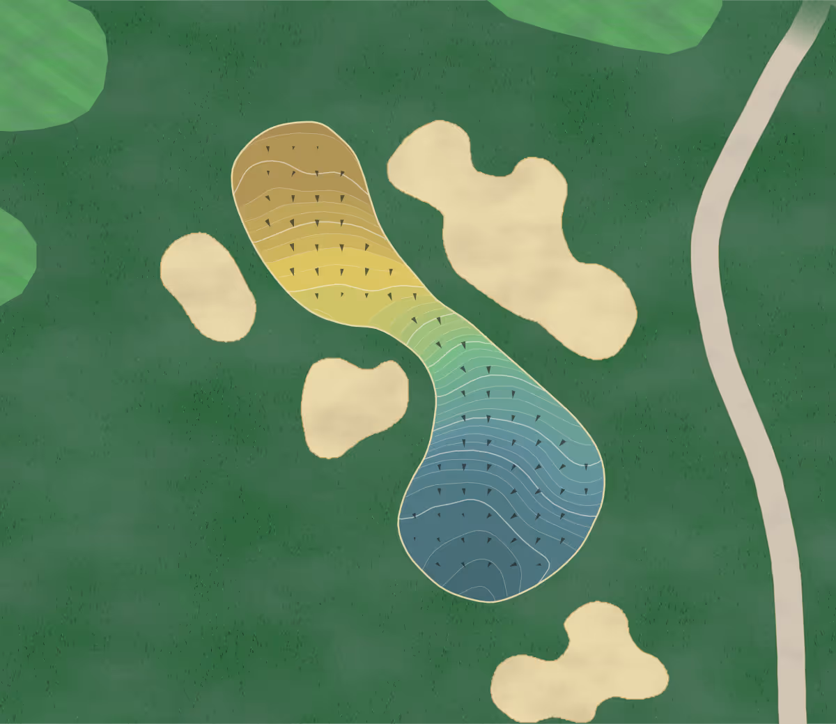 Green contour map of University Michigan in Ann Arbor, Michigan — 380 elevation contours at a 3-inch interval with fall-line arrows, traced from 1-meter lidar