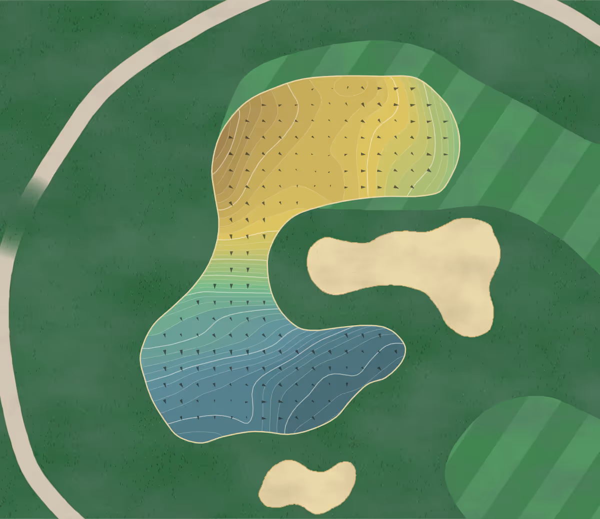 Green contour map of UGA Golf Course in Athens, Georgia — 254 elevation contours at a 3-inch interval with fall-line arrows, traced from 1-meter lidar