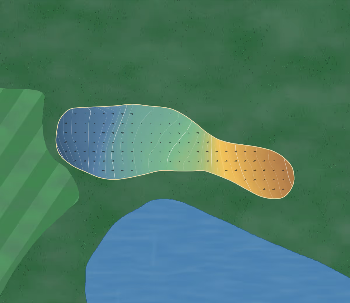 Green contour map of Upchurch in Upchurch, England: 190 elevation contours at a 8-centimeter interval with fall-line arrows, traced from 1-meter lidar