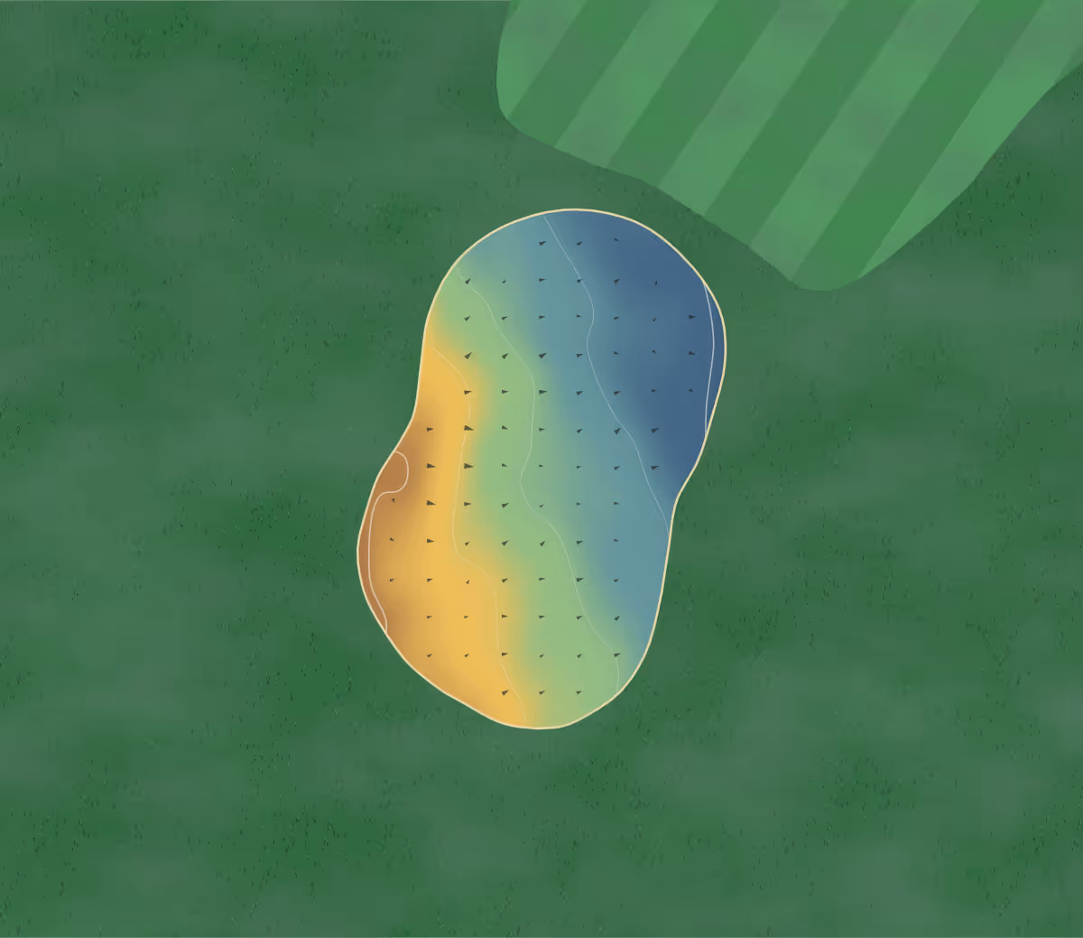 Green contour map of Upchurch River (South) in Sittingbourne, England — 5 elevation contours at a 8-centimeter interval with fall-line arrows, traced from 1-meter lidar