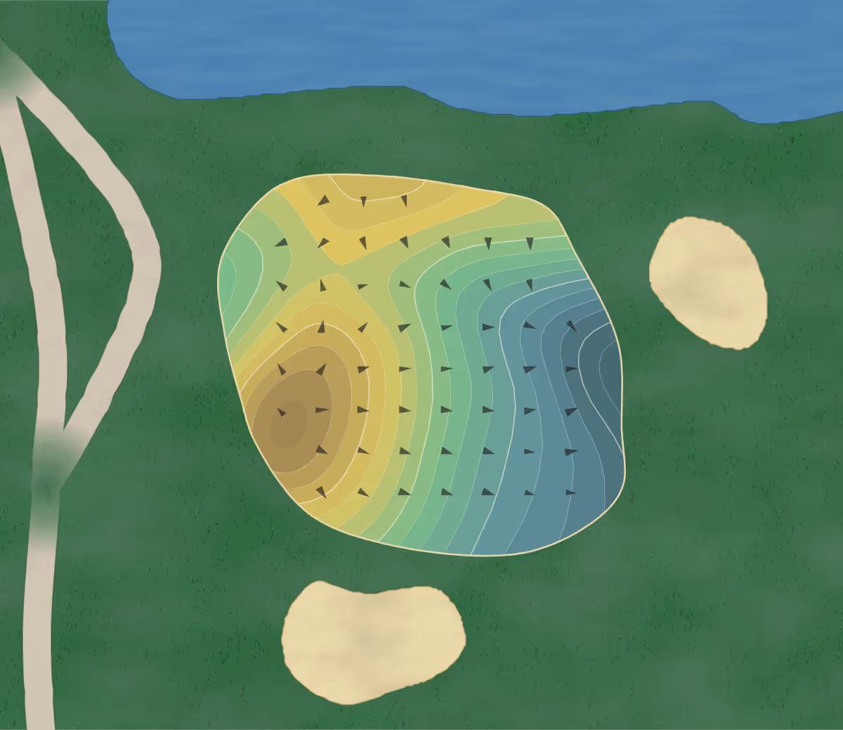 Green contour map of Upland Hills in Upland, California — 225 elevation contours at a 3-inch interval with fall-line arrows, traced from 1-meter lidar