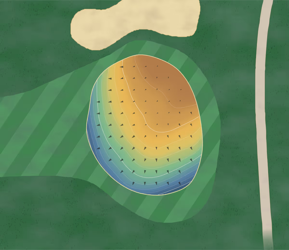 Green contour map of Urbandale Golf in Urbandale, Iowa — 64 elevation contours at a 3-inch interval with fall-line arrows, traced from 1-meter lidar