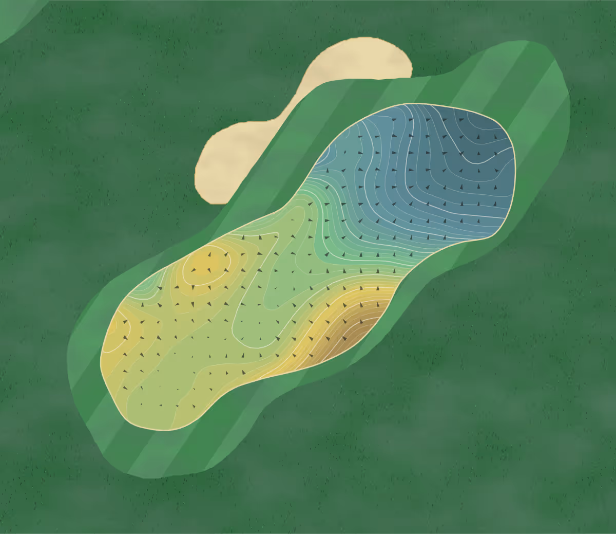 Green contour map of Utrechtse in LJ Bosch en Duin, Netherlands — 232 elevation contours at a 8-centimeter interval with fall-line arrows, traced from 1-meter lidar