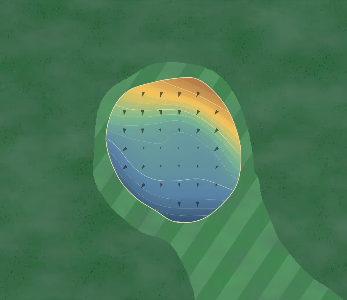 Green contour map of VA Golf Course in Tennessee, United States — 58 elevation contours at a 3-inch interval with fall-line arrows, traced from 1-meter lidar