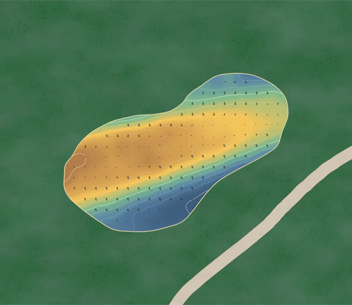 Green contour map of Vale of Llangollen in Llangollen, United Kingdom — 86 elevation contours at a 8-centimeter interval with fall-line arrows, traced from 1-meter lidar