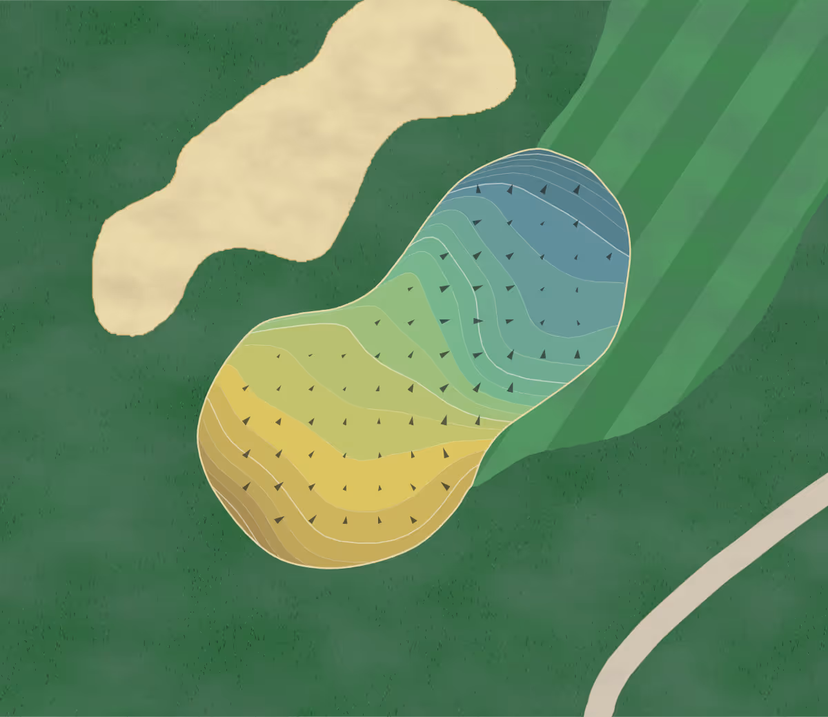 Green contour map of Valhalla GC in Louisville, Kentucky — 241 elevation contours at a 3-inch interval with fall-line arrows, traced from 1-meter lidar