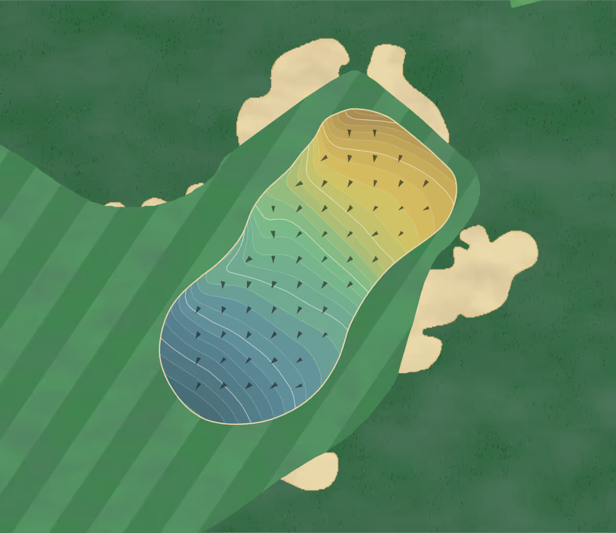 Green contour map of Valley Club of in Montecito, California — 307 elevation contours at a 3-inch interval with fall-line arrows, traced from 1-meter lidar