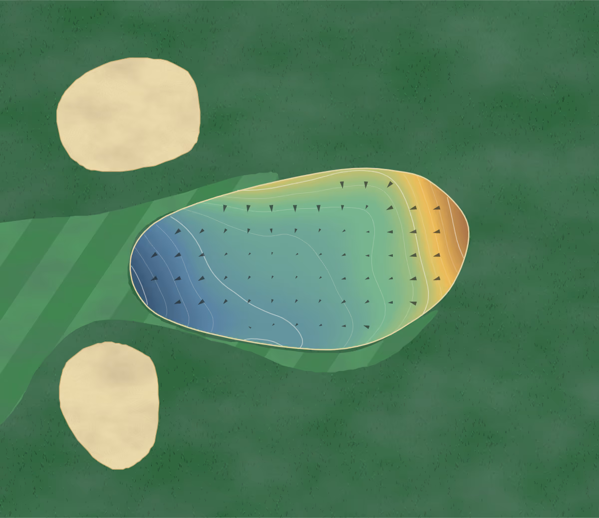 Green contour map of Valley Course in Southampton, United Kingdom: 60 elevation contours at a 8-centimeter interval with fall-line arrows, traced from 1-meter lidar