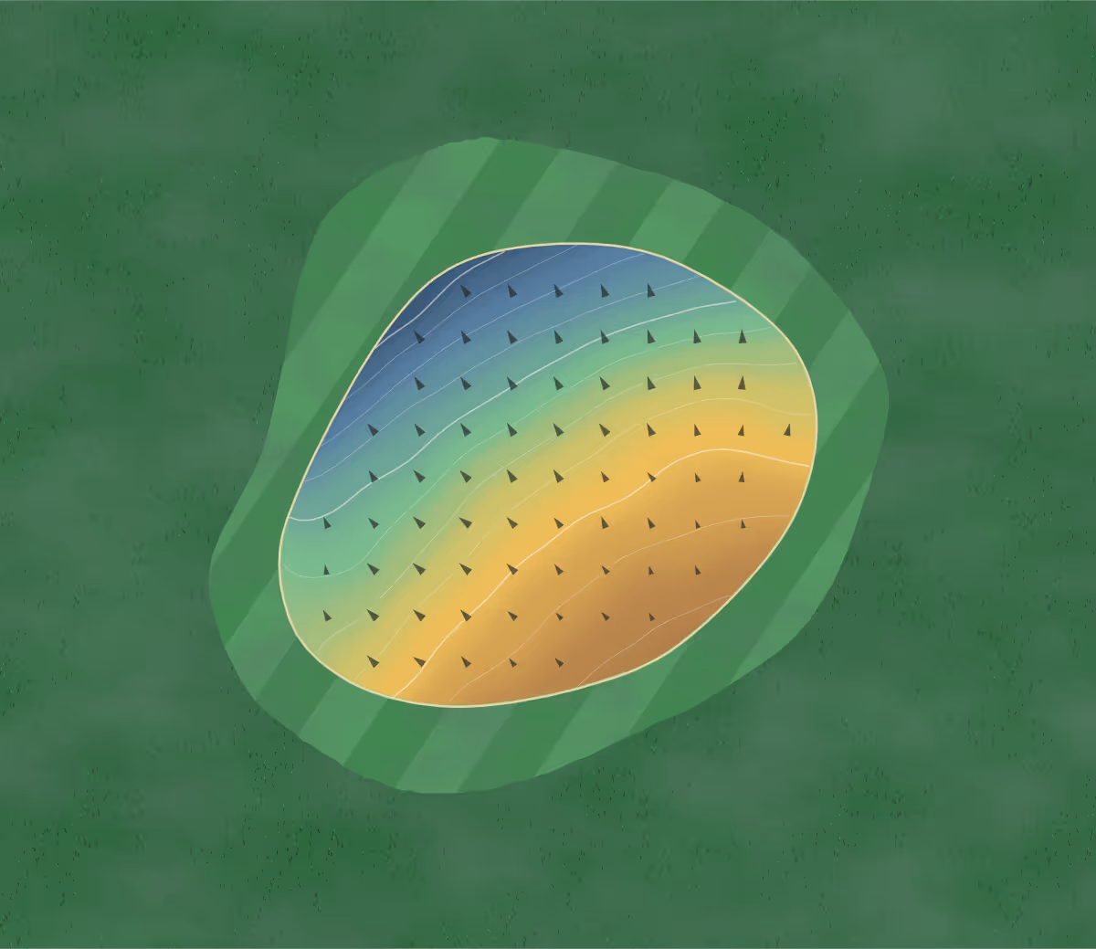 Green contour map of Valley Golf Centre in Langley Twp, Canada: 45 elevation contours at a 8-centimeter interval with fall-line arrows, traced from 1-meter lidar
