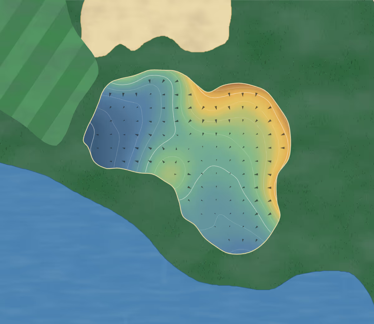 Green contour map of Valley in Devils Lake, North Dakota: 95 elevation contours at a 3-inch interval with fall-line arrows, traced from 1-meter lidar