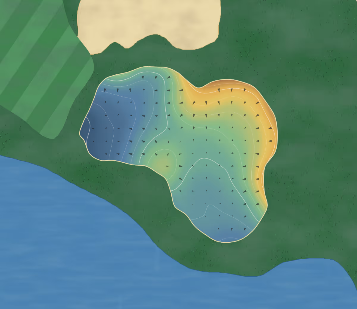 Green contour map of Valley in Devils Lake, North Dakota — 95 elevation contours at a 3-inch interval with fall-line arrows, traced from 1-meter lidar