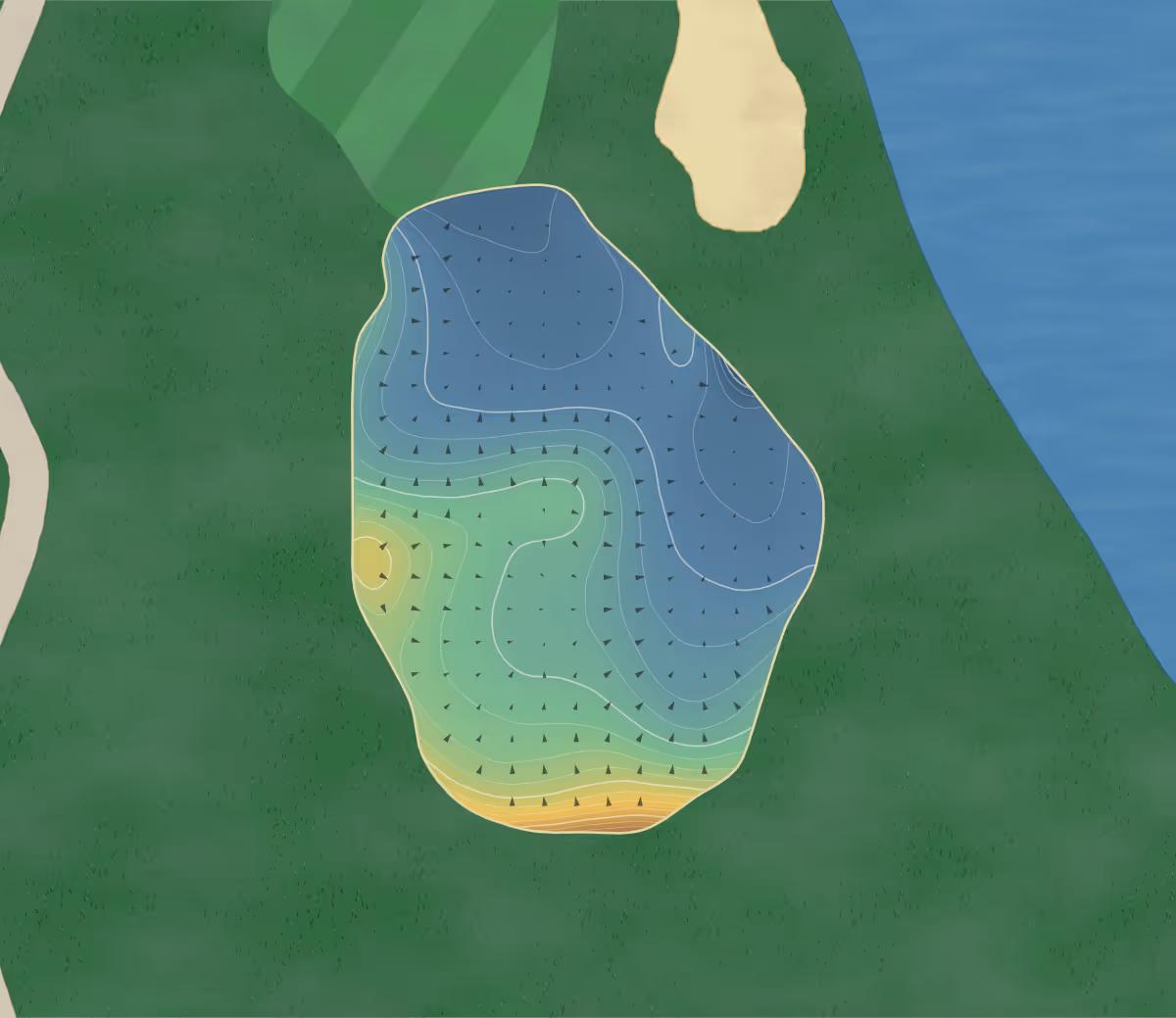 Green contour map of Valley Ridge in Calgary, Canada — 215 elevation contours at a 8-centimeter interval with fall-line arrows, traced from 1-meter lidar