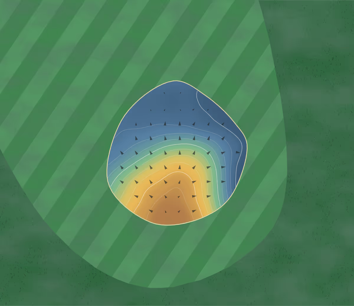 Green contour map of Valley Road Par 3 in Saskatoon, Canada — 61 elevation contours at a 8-centimeter interval with fall-line arrows, traced from 1-meter lidar