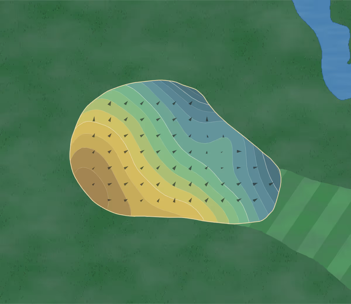 Green contour map of Valleybrook Golf in Chattanooga, Tennessee — 188 elevation contours at a 3-inch interval with fall-line arrows, traced from 1-meter lidar