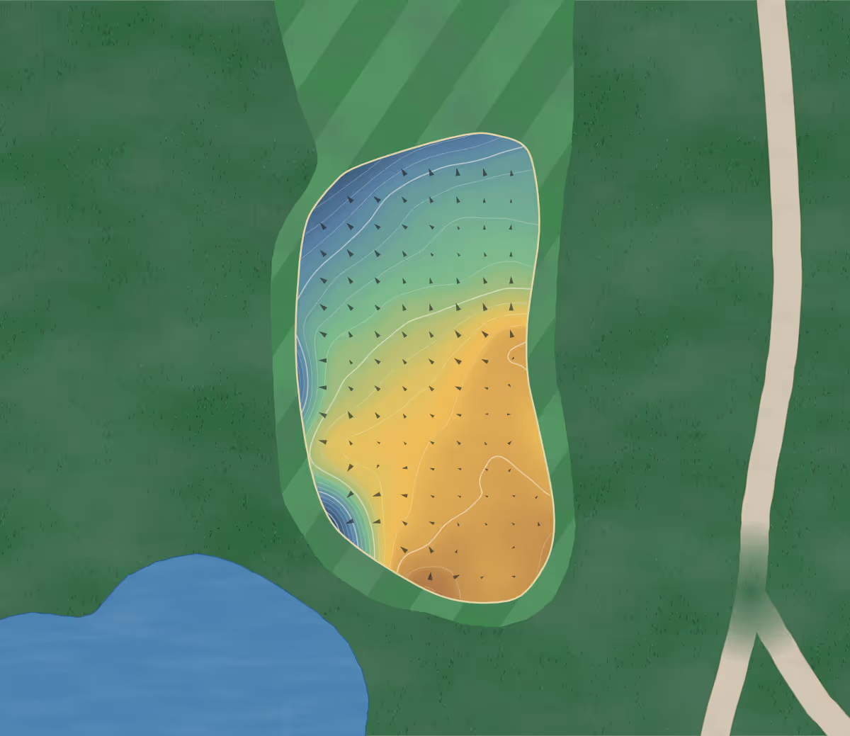 Green contour map of Valli Vu in Afton, Wyoming — 190 elevation contours at a 3-inch interval with fall-line arrows, traced from 1-meter lidar