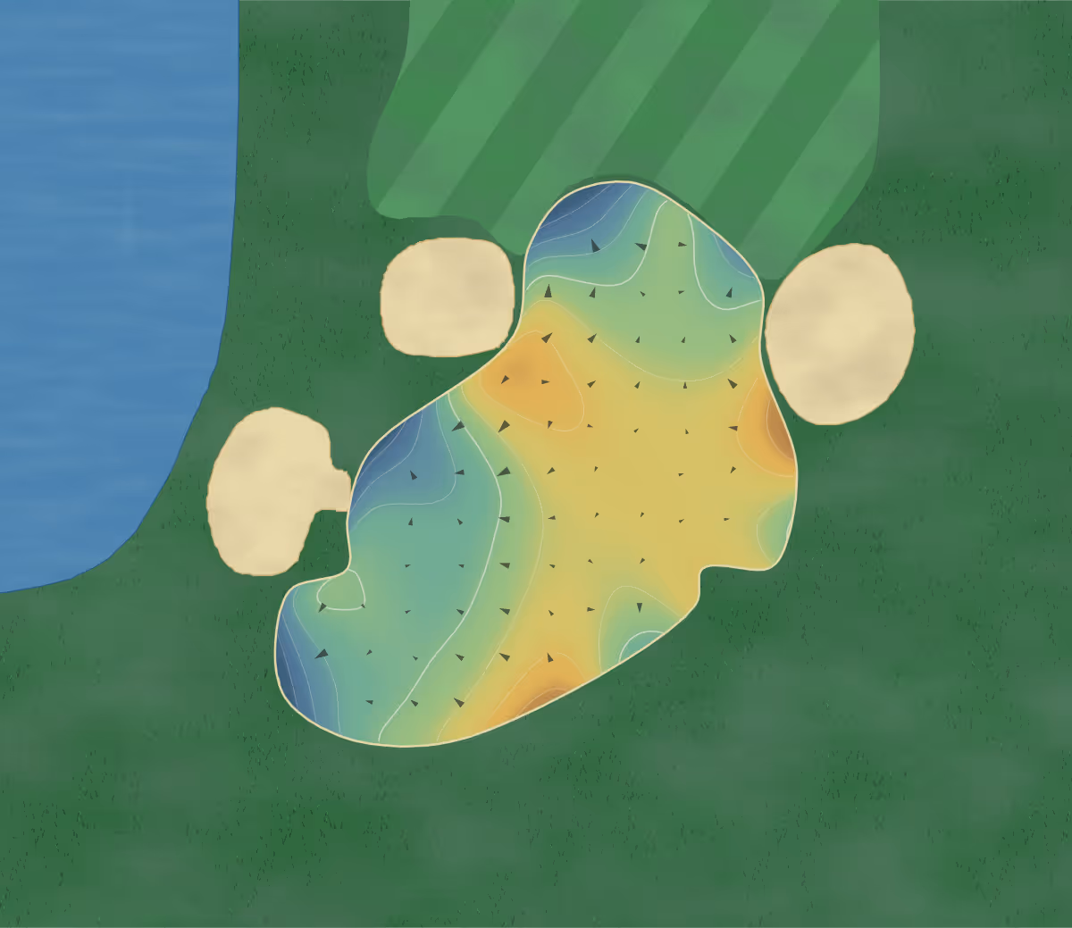 Green contour map of Vanderbilt in Naples, Florida: 182 elevation contours at a 3-inch interval with fall-line arrows, traced from 1-meter lidar