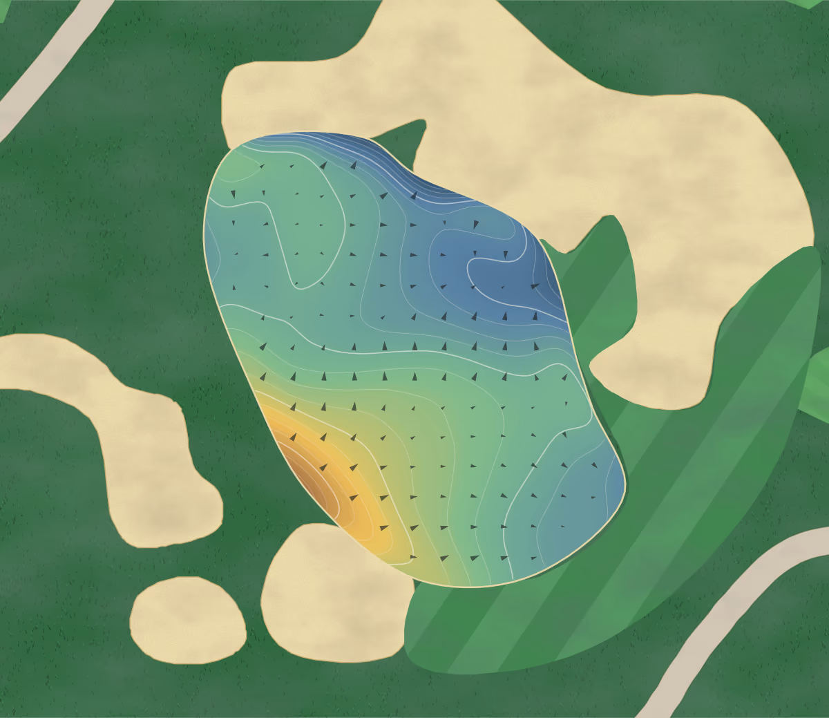 Green contour map of Vaquero Club in Westlake, Texas: 98 elevation contours at a 3-inch interval with fall-line arrows, traced from 1-meter lidar