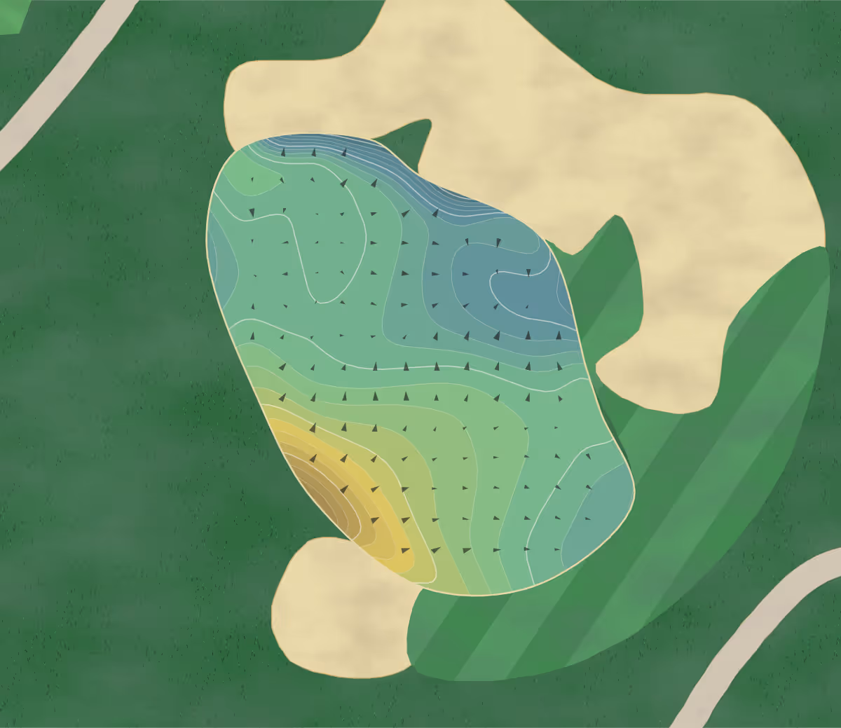 Green contour map of Vaquero in Westlake, Texas — 99 elevation contours at a 3-inch interval with fall-line arrows, traced from 1-meter lidar