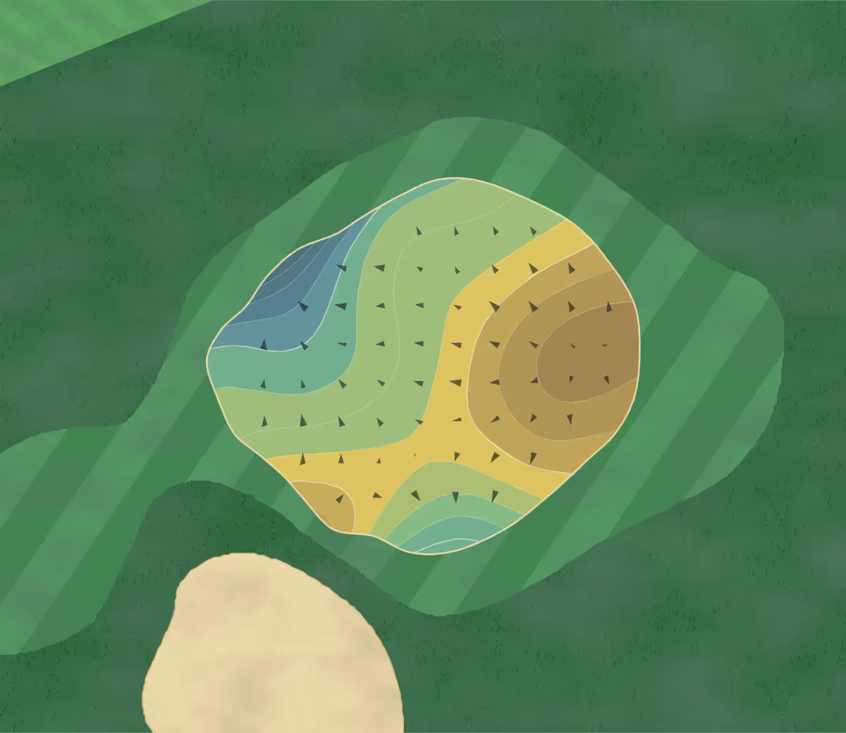 Green contour map of Veenker Memorial in Ames, Iowa — 189 elevation contours at a 3-inch interval with fall-line arrows, traced from 1-meter lidar