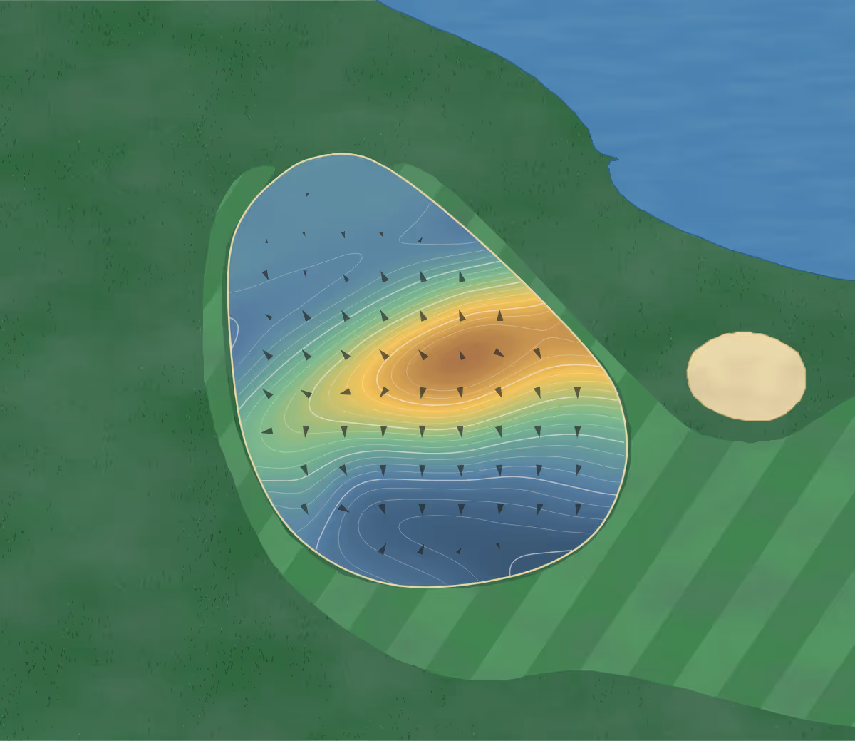 Green contour map of Verandah Club in Fort Myers, Florida: 275 elevation contours at a 3-inch interval with fall-line arrows, traced from 1-meter lidar