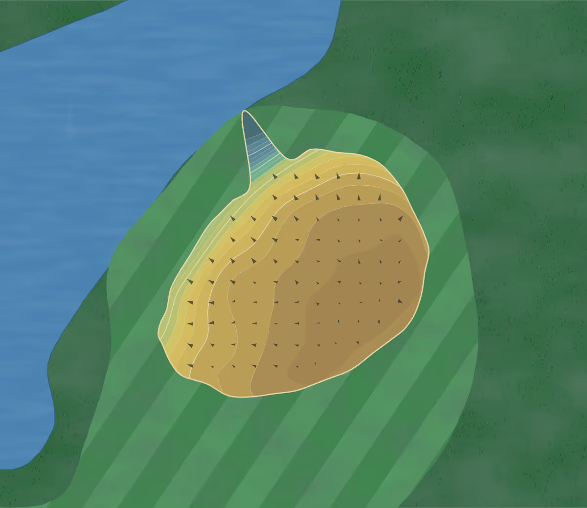 Green contour map of Vermilion River Greens in Minnesota, United States — 97 elevation contours at a 3-inch interval with fall-line arrows, traced from 1-meter lidar