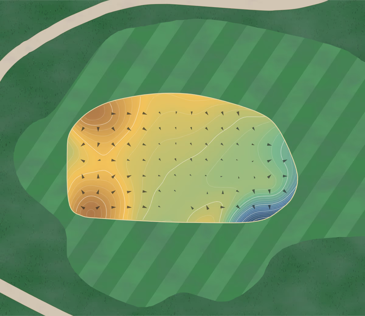 Green contour map of Vestavia in Vestavia Hills, Alabama: 43 elevation contours at a 3-inch interval with fall-line arrows, traced from 1-meter lidar