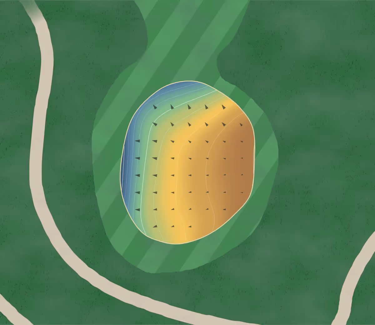 Green contour map of Veterans Memorial in Clear Lake, Iowa: 67 elevation contours at a 3-inch interval with fall-line arrows, traced from 1-meter lidar