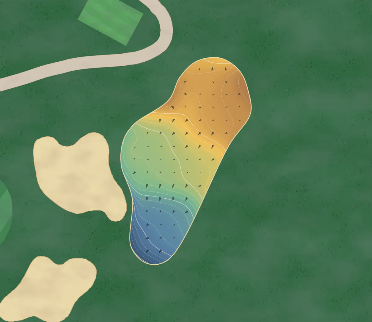 Green contour map of Victoria Club in Riverside, California — 225 elevation contours at a 3-inch interval with fall-line arrows, traced from 1-meter lidar