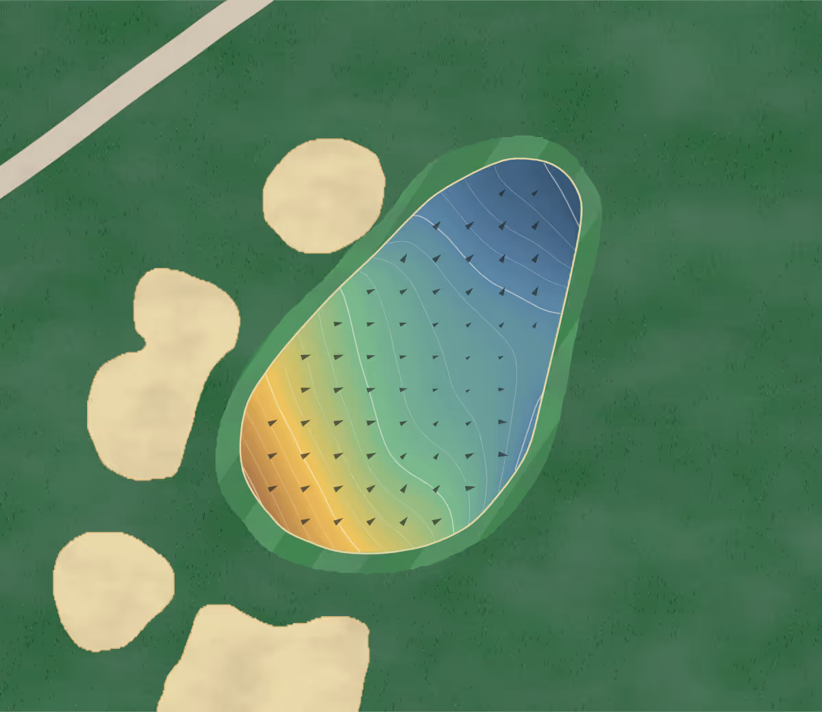 Green contour map of Victoria Park Valley in Guelph, Canada: 88 elevation contours at a 8-centimeter interval with fall-line arrows, traced from 1-meter lidar