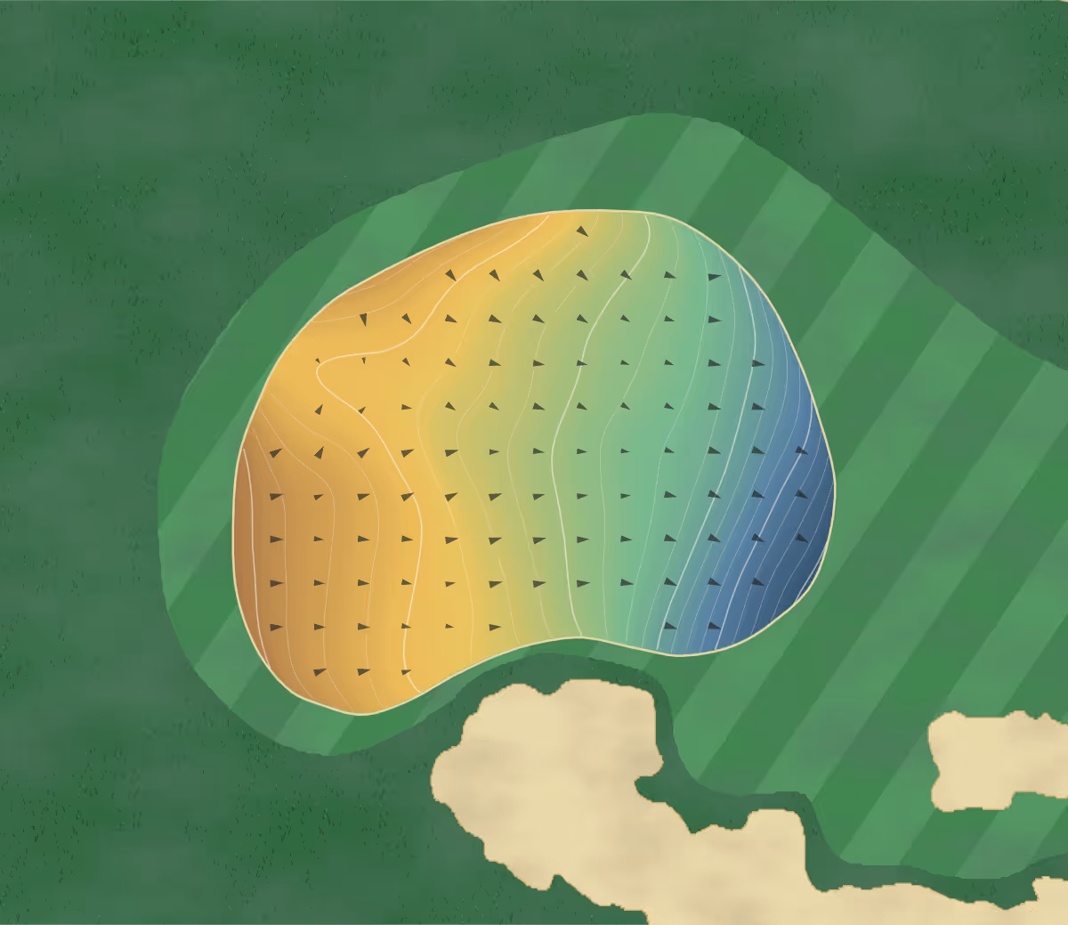 Green contour map of Vidauban in Vidauban, France — 210 elevation contours at a 8-centimeter interval with fall-line arrows, traced from 1-meter lidar