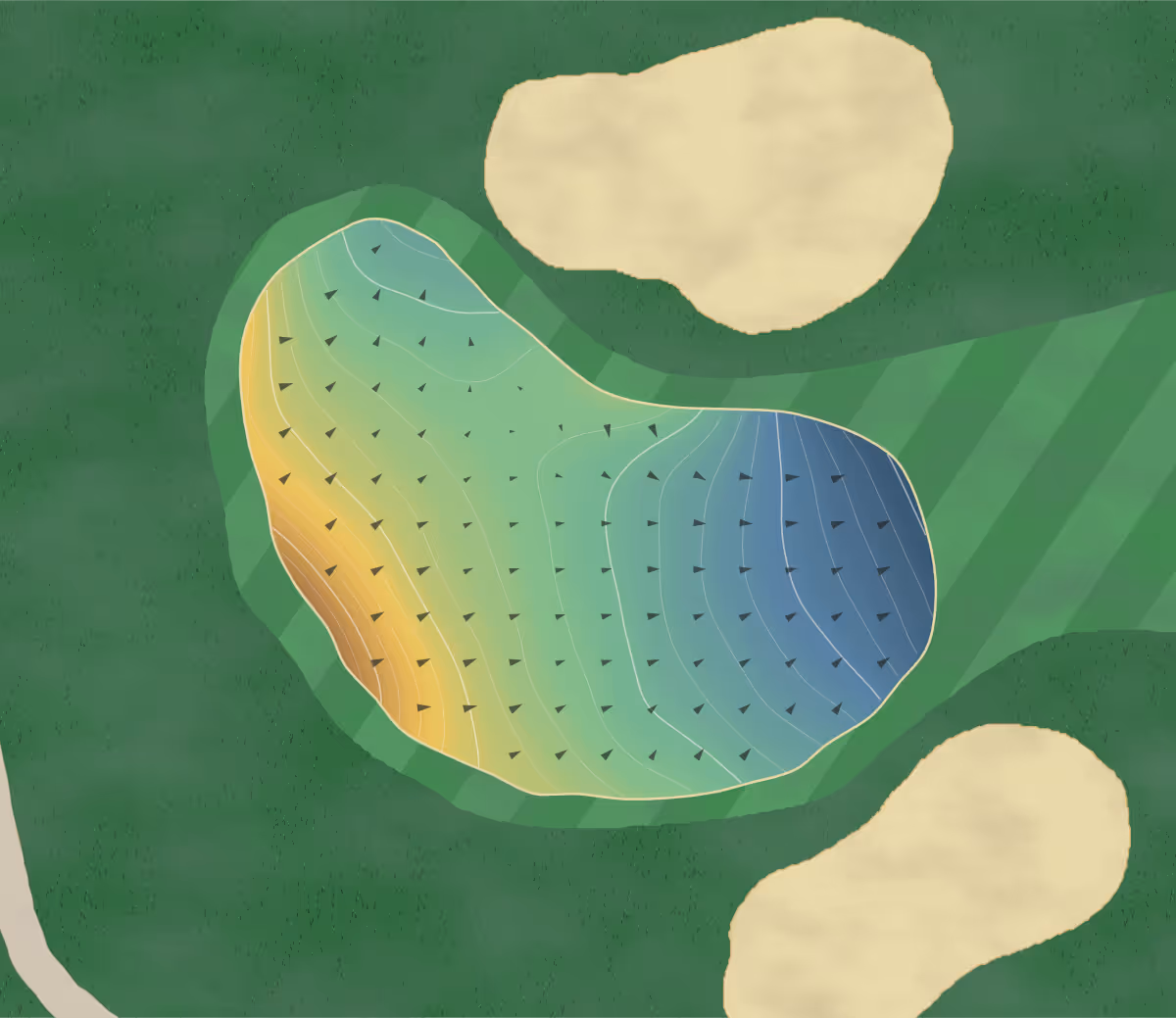 Green contour map of Village Green in Mundelein, Illinois — 205 elevation contours at a 3-inch interval with fall-line arrows, traced from 1-meter lidar