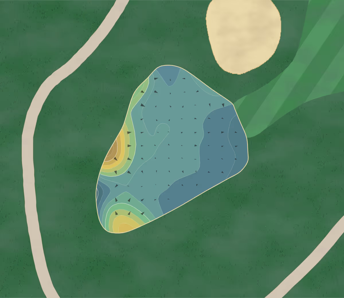 Green contour map of Village Green Golf Course in Newaygo, Michigan — 179 elevation contours at a 3-inch interval with fall-line arrows, traced from 1-meter lidar