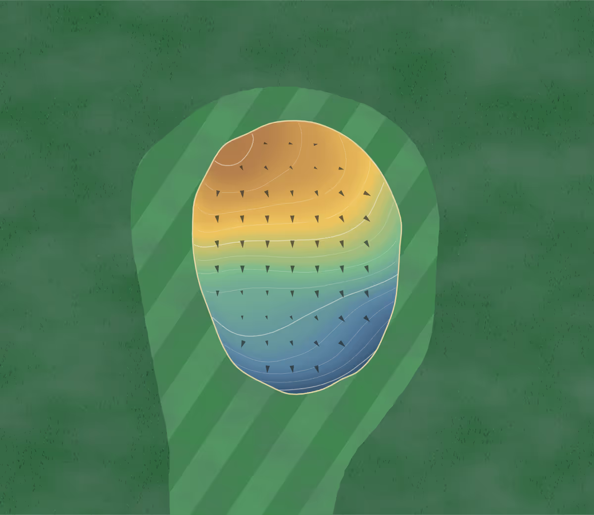 Green contour map of Village Green in Howard, South Dakota — 70 elevation contours at a 3-inch interval with fall-line arrows, traced from 1-meter lidar