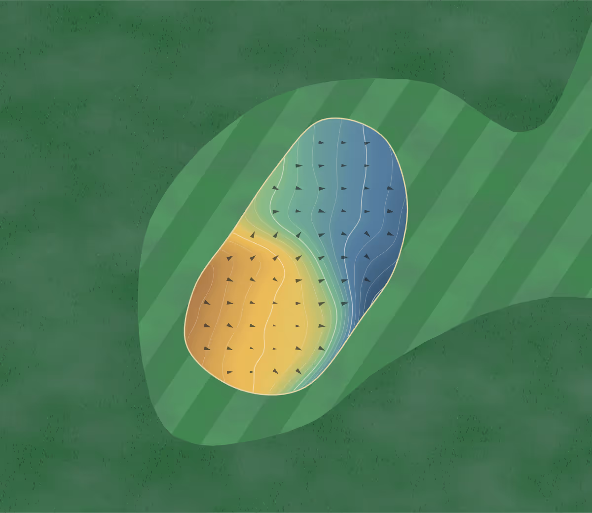 Green contour map of Village Greens in Port Orchard, Washington: 150 elevation contours at a 3-inch interval with fall-line arrows, traced from 1-meter lidar