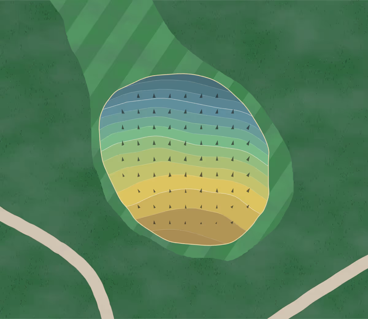 Green contour map of Village Greens in Woodridge, Illinois — 185 elevation contours at a 3-inch interval with fall-line arrows, traced from 1-meter lidar