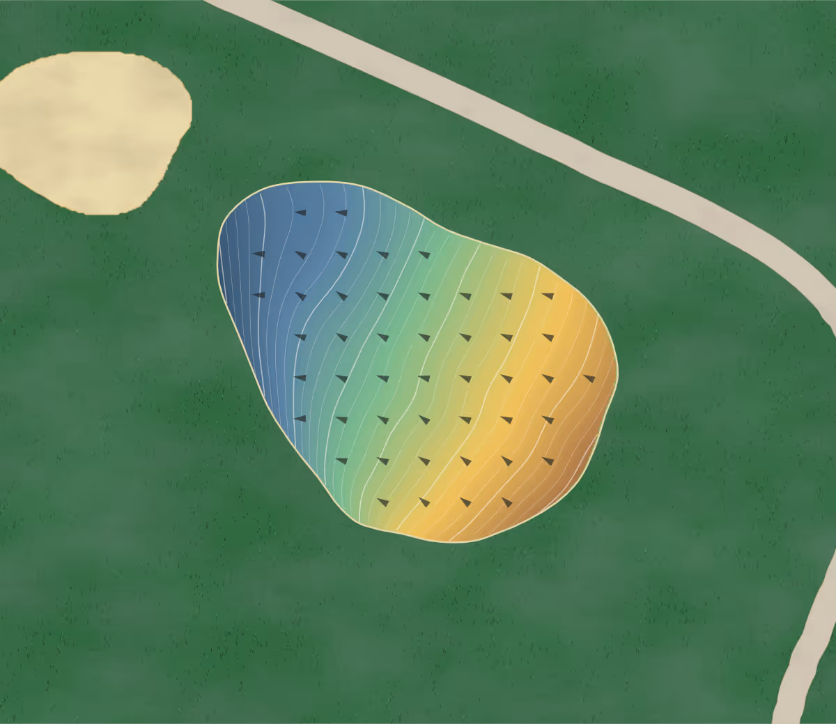 Green contour map of Vincennes Golf Club in Vincennes, Indiana — 245 elevation contours at a 3-inch interval with fall-line arrows, traced from 1-meter lidar