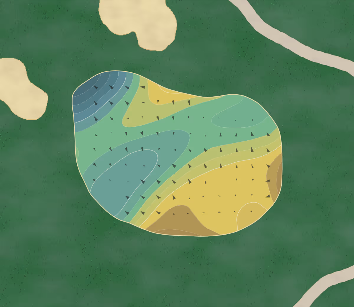 Green contour map of Vineyard Golf at Renault in Egg Harbor City, New Jersey — 181 elevation contours at a 3-inch interval with fall-line arrows, traced from 1-meter lidar